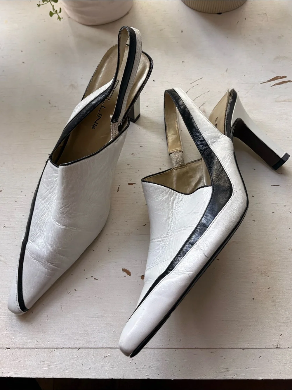 White and Black Leather Slingback Heels - Women's Fashion Pump
